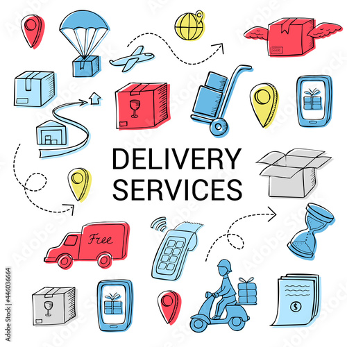 Delivery services set. Colorful doodle icons on a white background - courier, box, delivery van, contract, warehouse, location, etc.