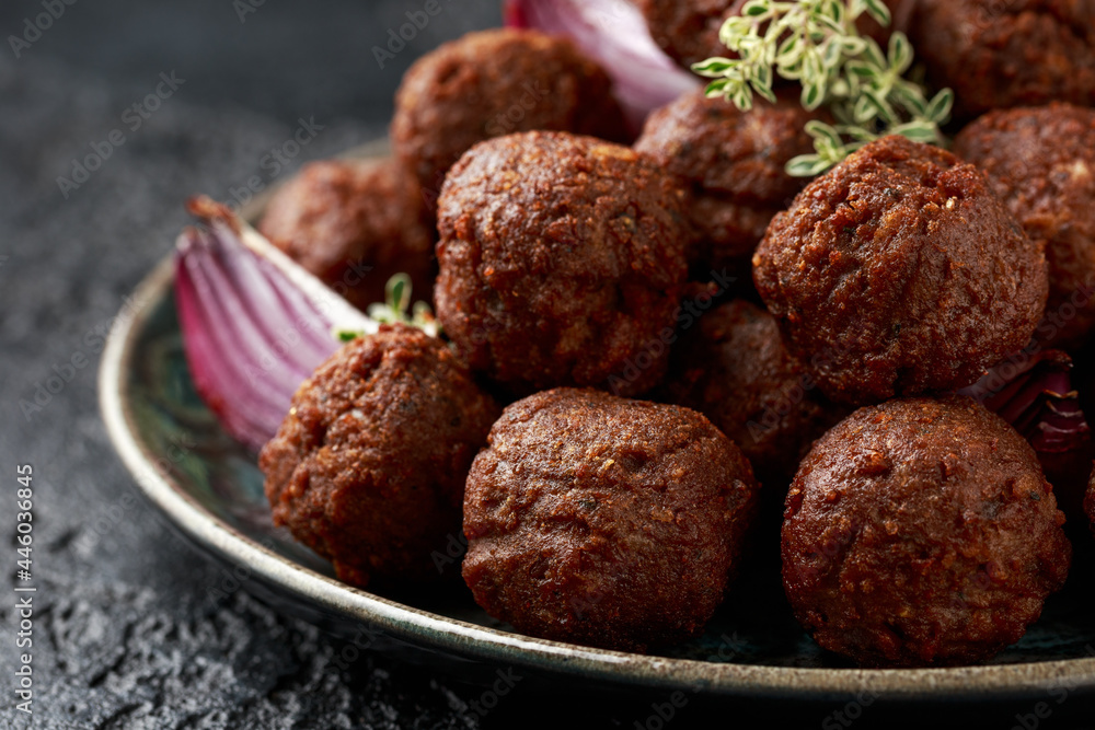 Vegetarian vegan meatballs ready to eat in plate Vegetarian vegan meatballs ready to eat in plate