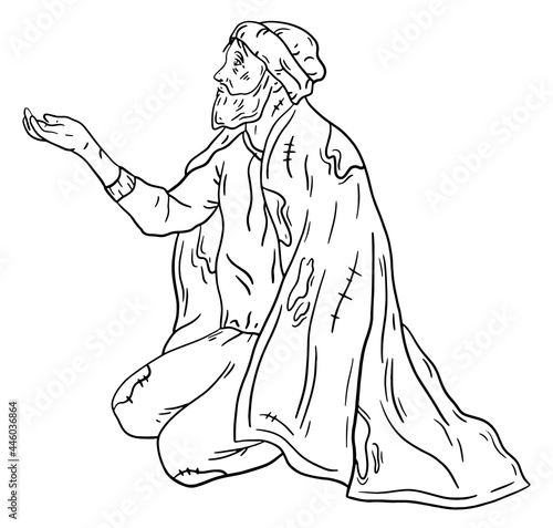 A homeless man, a poor tramp on the street holds out his hand with a request for money and help. Vector linear illustration in Doodle sketch style.