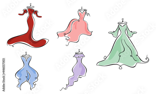 set of wedding dress with line art style 