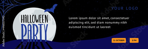 Header or banner for halloween party. Moon, bat,  cobweb and Halloween party lettering in a dark night. Editable template. Vector shabby hand drawn illustration