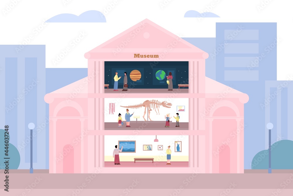 Inside of museum building with visitors and exhibits, flat vector illustration. Inside of museum building with visitors and exhibits, flat vector illustration.
