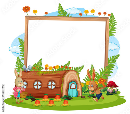 Blank banner in the garden with two rabbits isolated