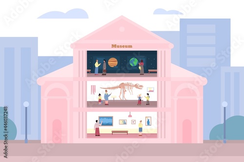 Inside of museum building with visitors and exhibits, flat vector illustration.
