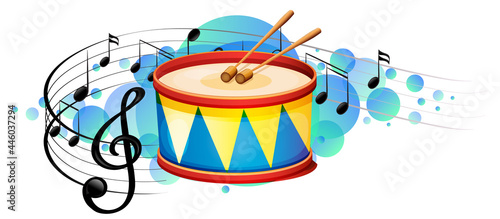 Snare drum percussion instrument with melody symbols on sky blue splotch