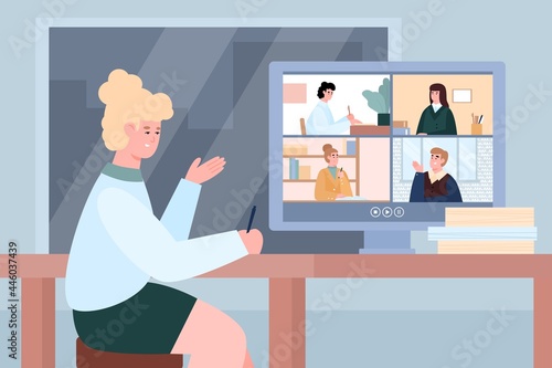 Woman taking part in webinar or online conference, flat vector illustration.