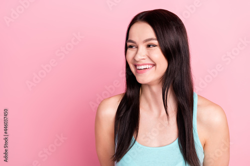 Photo of young cheerful girl happy positive smile laugh look empty space isolated over pink color background