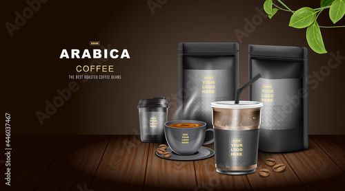 Kraft paper foil zip lock bag food stand up pouch with coffee cup. Mockup template for logo.