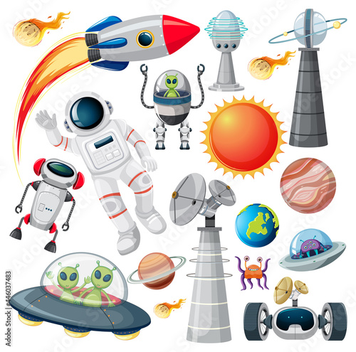 Set of various space objects on white background
