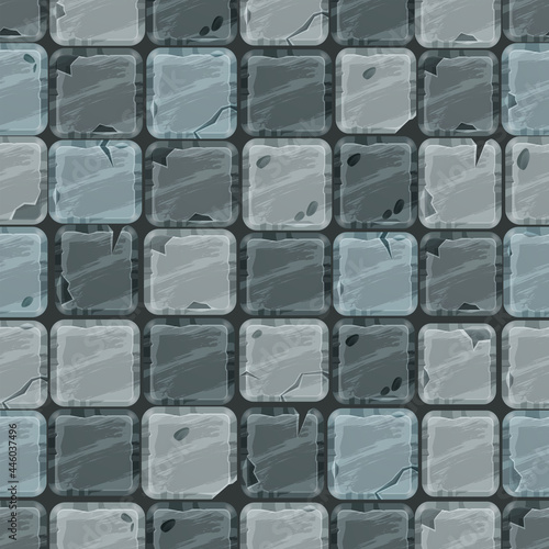 Stone cartoon pavement seamless pattern, rock cracked tiles floor texture, gray brick wall background. Vector old walkway mosaic top view, outdoor surface material. Stone pavement architecture design