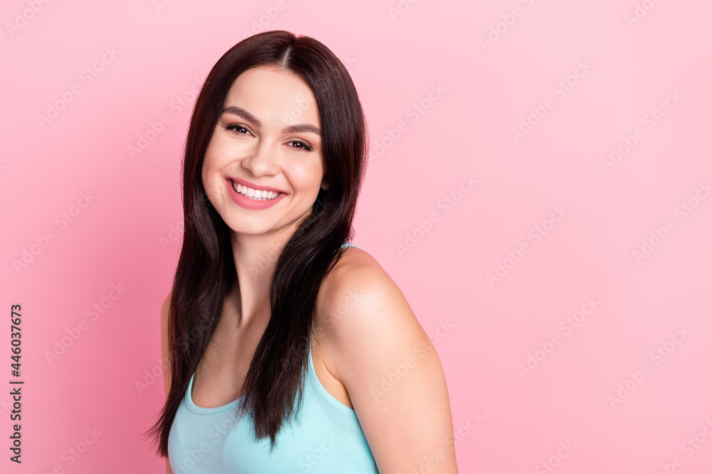 Profile side photo of young cheerful girl happy positive smile wear singlet isolated over pink color background Profile side photo of young cheerful girl happy positive smile wear singlet isolated over pink color background