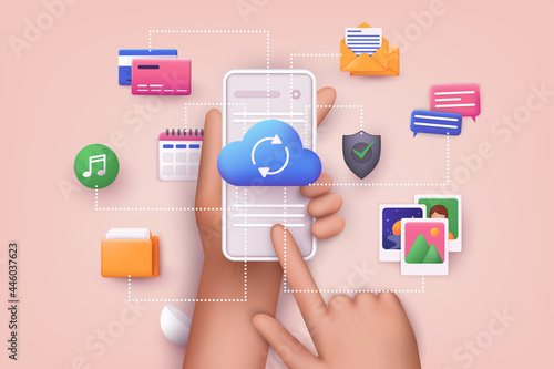 Cloud computing upload and download data online service with mobile phone. Polygonal wireframe cloud storage sign. 3D Web Vector Illustrations.
