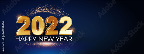 Happy new 2022 year Elegant gold text with gold glitter light. Minimal text template.