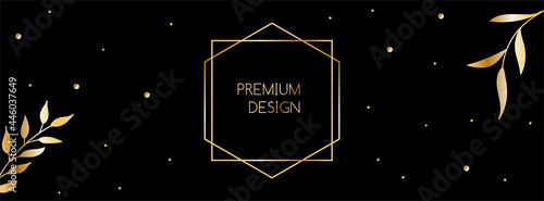 Vector luxury long banner with golden leaves, frame, and place for text. Premium design template for facebook cover