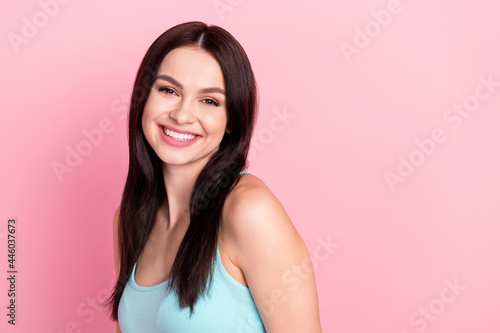 Profile side photo of young cheerful girl happy positive smile wear singlet isolated over pink color background