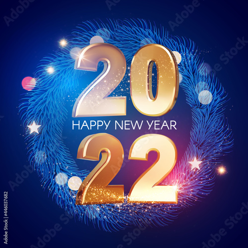 Happy new 2022 year Elegant gold text withfir tree branches and light. Minimal text template.