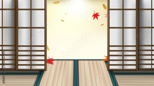 Travel concept with Autumn season and red maple leaves in Japanese room.
