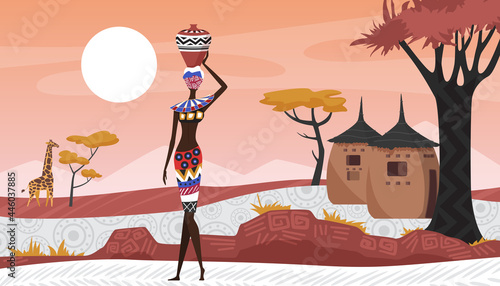Africa rural landscape with abstract geometric pattern, village and African people vector illustration. Cartoon woman with jug, afro character in tribal traditional costume near houses huts background