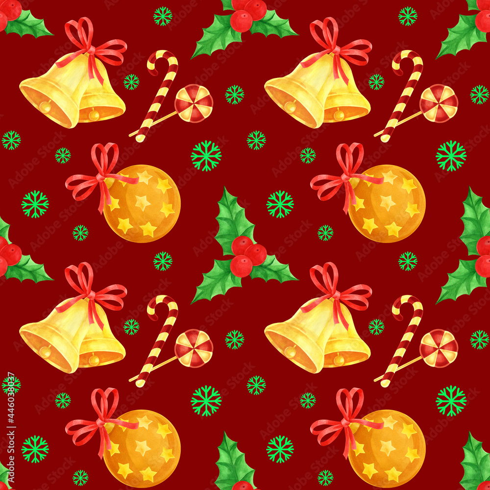 Seamless pattern with Christmas bells, balls, sweets, holly berries on burgundy background for packaging, wallpaper, print. Watercolor