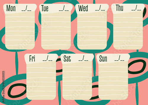 A weekly planner in a retro style. Mid-Century Modern style design schedule template for the week. Organizer for recording in a4 format. Vector illustration.
