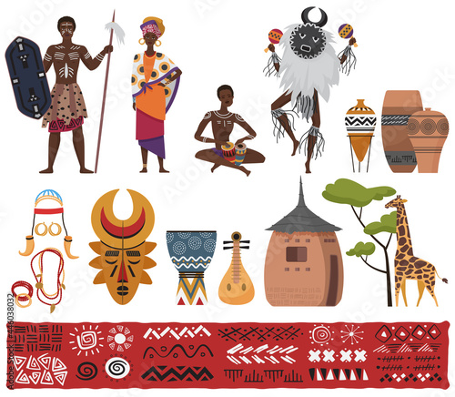 African ethnic tribe people, tribal elements culture, travel to South Africa set vector illustration. Cartoon African native pattern, characters in traditional dress costume, totem isolated on white