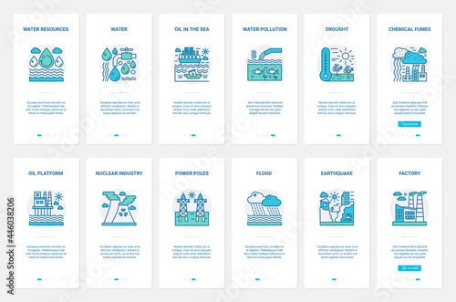 Pollution of water air nature resources vector illustration. UX, UI onboarding mobile app page screen set with line nuclear, oil refining chemical industry polluting environment with smoke fumes smog
