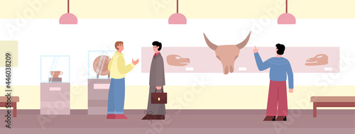 Visitors watching exhibition in museum of ancient art flat vector illustration.