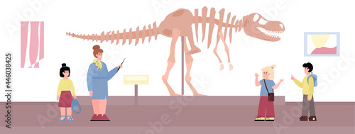 School children on excursion in archeology museum, flat vector illustration.