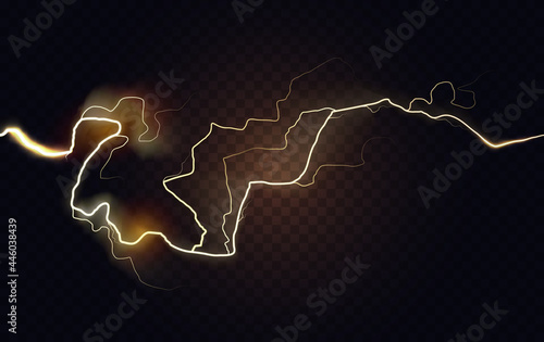 Abstract electric golden lightning, spark energy explosion glow of thunderbolt vector illustration. Electricity flash strike thunder arc, burst glowing power lines of thunderstorm in dark background