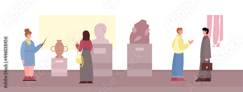Visitors of ancient art history museum, cartoon flat vector illustration.