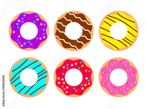 Set of cartoon colorful donuts isolated on white background. Desserts with different fondant and sprinkles for menu design, cafe, delivery box.