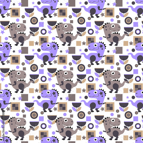 seamless pattern gray-purple with dinosaurs on a white background