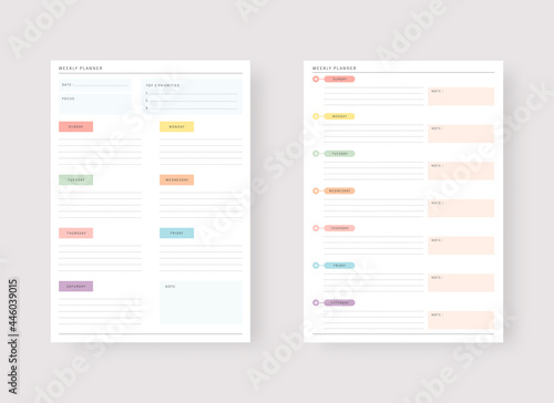 Modern planner template set. Set of planner and to do list. Weekly planner template. Vector illustration.