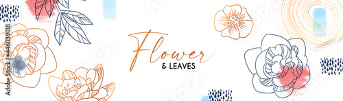 Elegant hand drawn gold flower art design. Trendy blossom background with watercolor paint stains