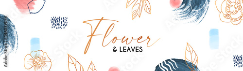Elegant hand drawn gold flower art design. Trendy blossom background with watercolor paint stains