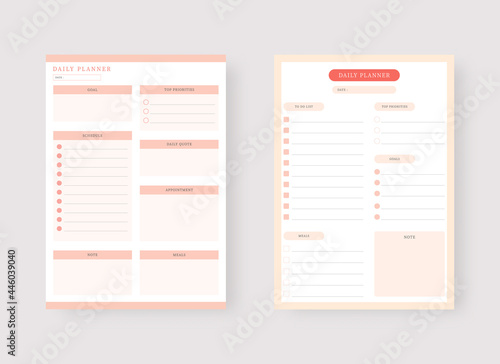 Modern planner template set. Set of planner and to do list. Daily planner template. Vector illustration.