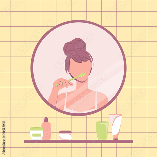 Girl brushes her teeth and looks at her reflection in the mirror in the bathroom. Daily life concept. Oral hygiene and health care. Vector illustration in flat style