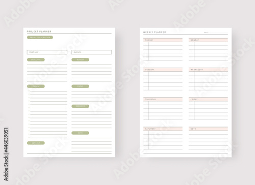 Modern planner template set. Set of planner and to do list. Project and weekly planner template. Vector illustration.