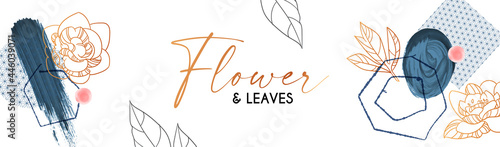 Elegant hand drawn gold flower art design. Trendy blossom background with watercolor paint stains