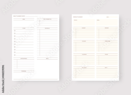 Modern planner template set. Set of planner and to do list. Daily and weekly planner template. Vector illustration.