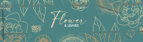 Elegant hand drawn gold flower art design. Trendy blossom background