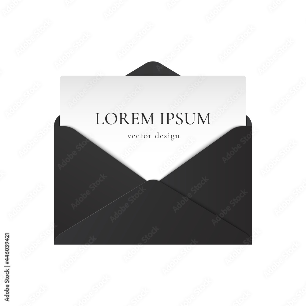 Realistic black envelope mockup. Opened paper envelope letter with text