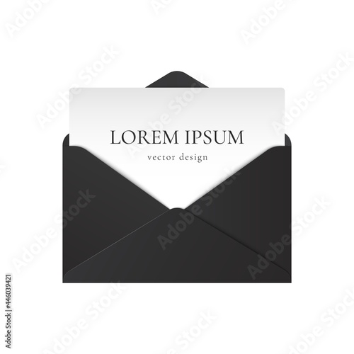 Realistic black envelope mockup. Opened paper envelope letter with text isolated on white background. Vector illustration