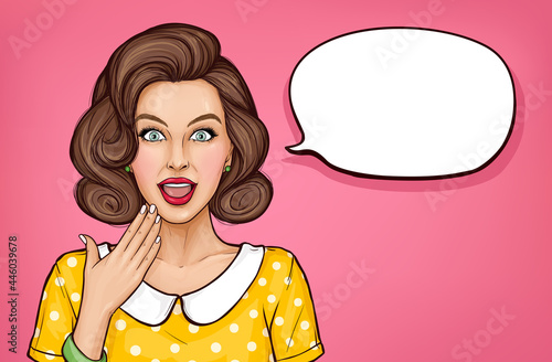Surprised young woman with brown curly hair on pink background. Amazed girl with open mouth. Vector pop art illustration of excited, shocked pretty lady with empty speech bubble.