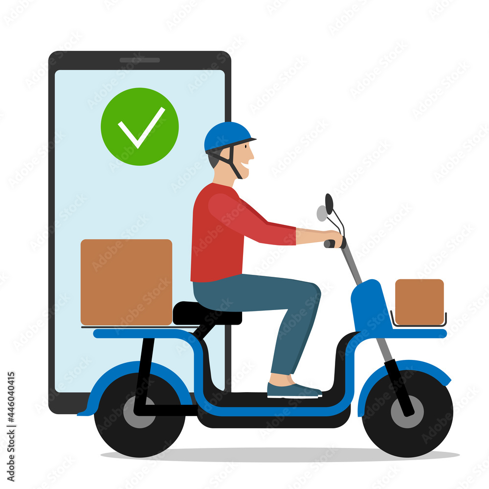 Delivery service. Man riding electric bike scooter with boxes. Man wearing helmet. Delivery service. Man riding electric bike scooter with boxes. Man wearing helmet.