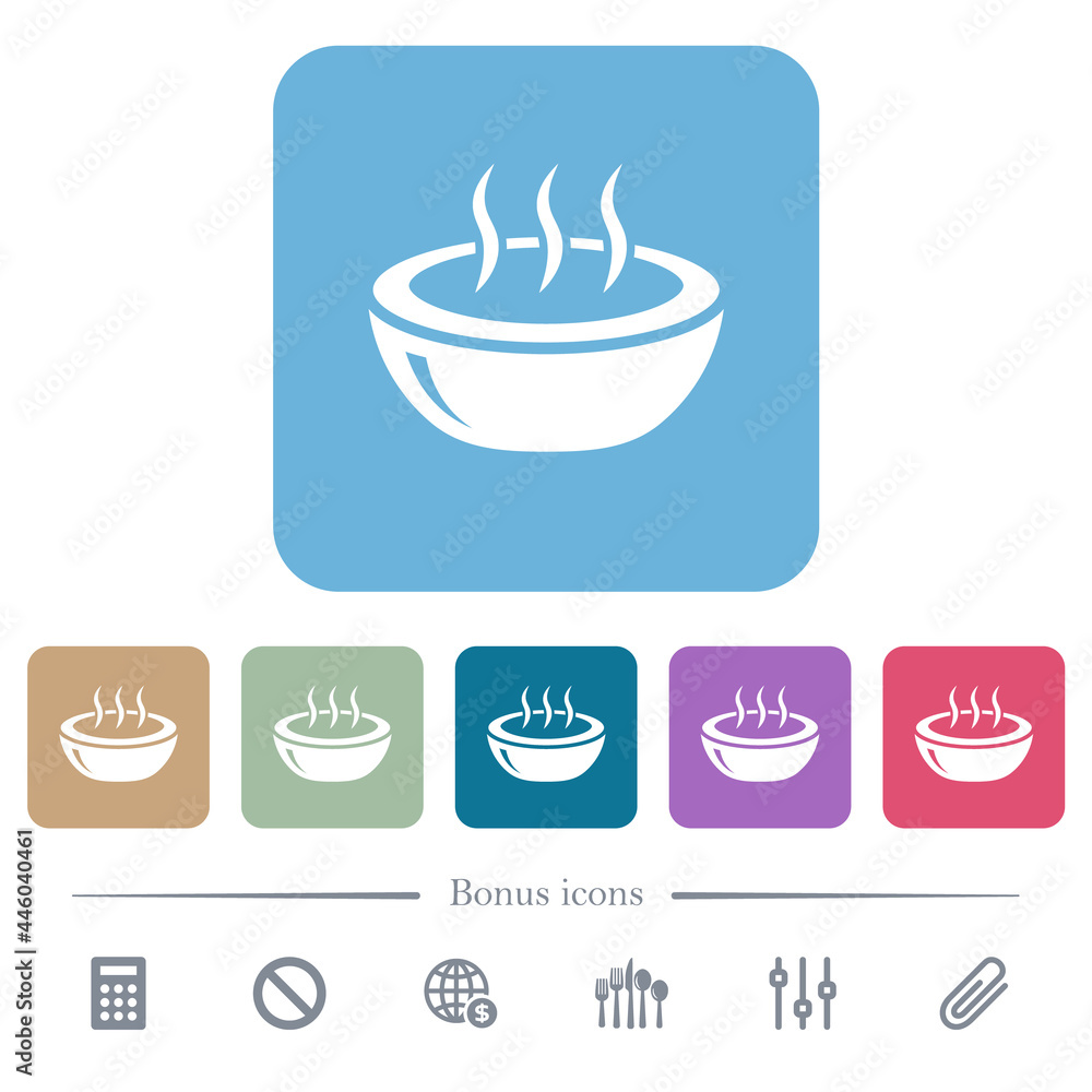Glossy steaming bowl flat icons on color rounded square backgrounds Glossy steaming bowl flat icons on color rounded square backgrounds