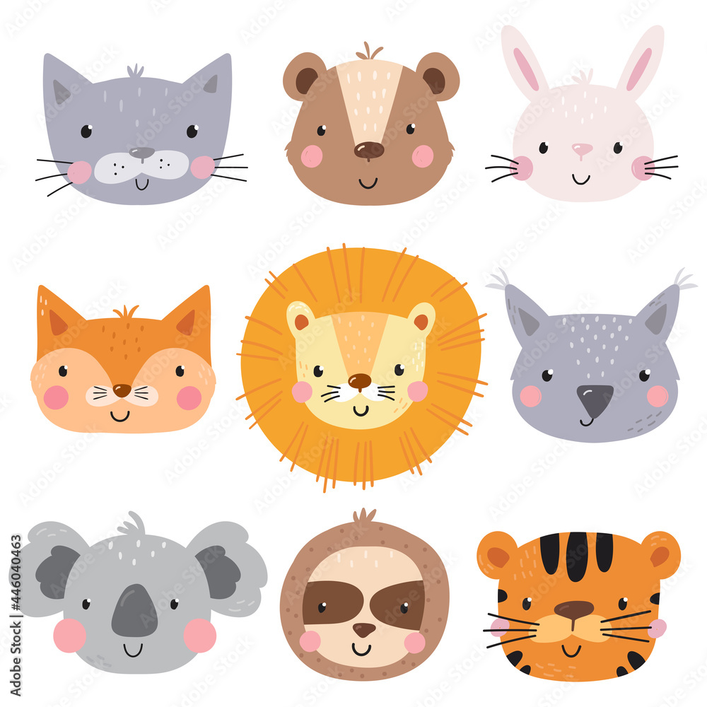 Fototapeta premium Cute lion, bear, cat, rabbit, sloth, tiger, koala, fox, bunny. Hand drawn vector illustration for posters, cards, t-shirts. Printable templates