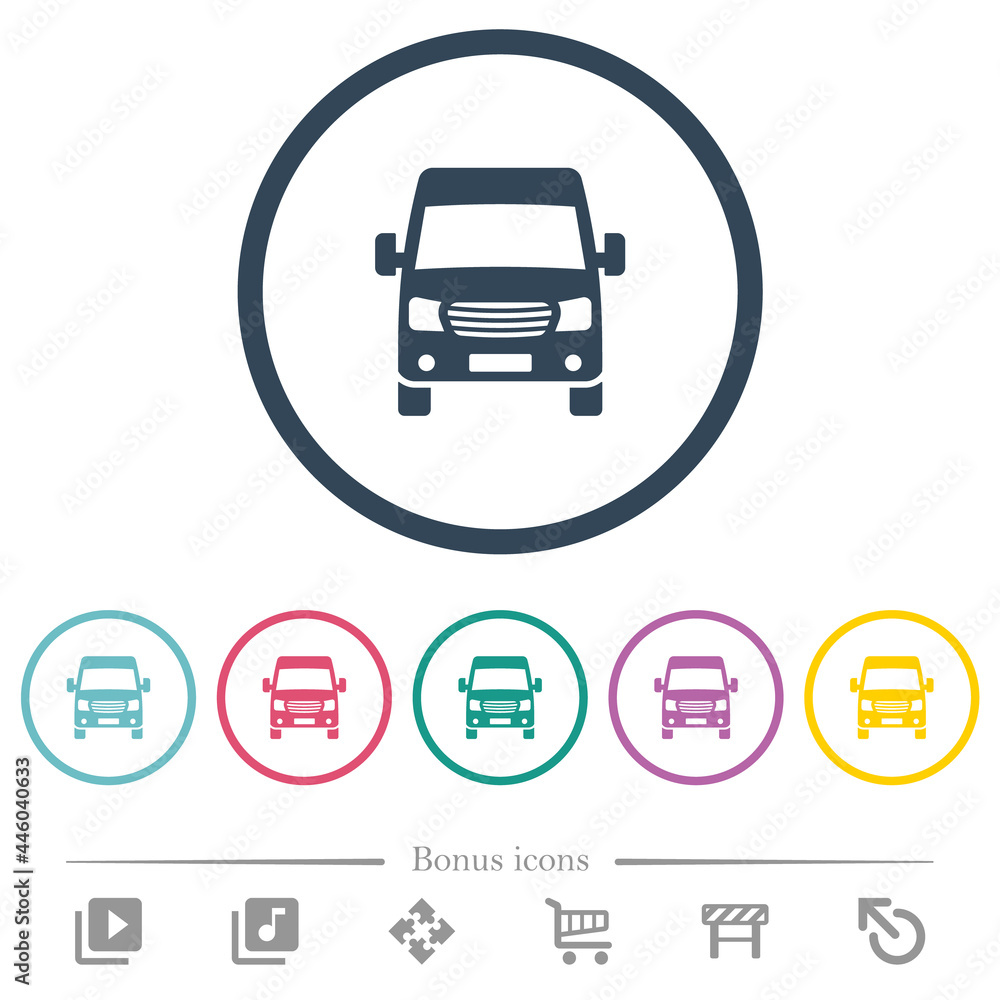 Van front view flat color icons in round outlines Van front view flat color icons in round outlines