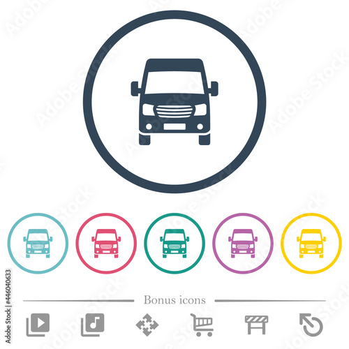 Van front view flat color icons in round outlines