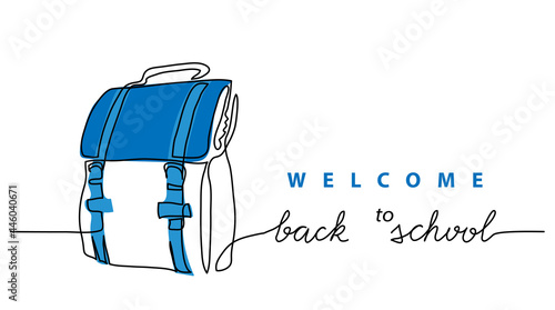 Back to school simple vector schoolbag banner, poster, background. One continuous line drawing with lettering back to school